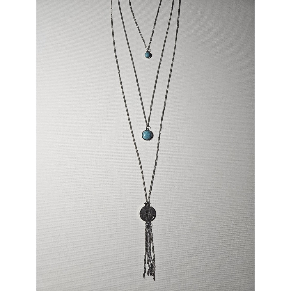 Layered Faux Turquoise Necklace Set Silver Chain Faux Stone Boho Western Pendant